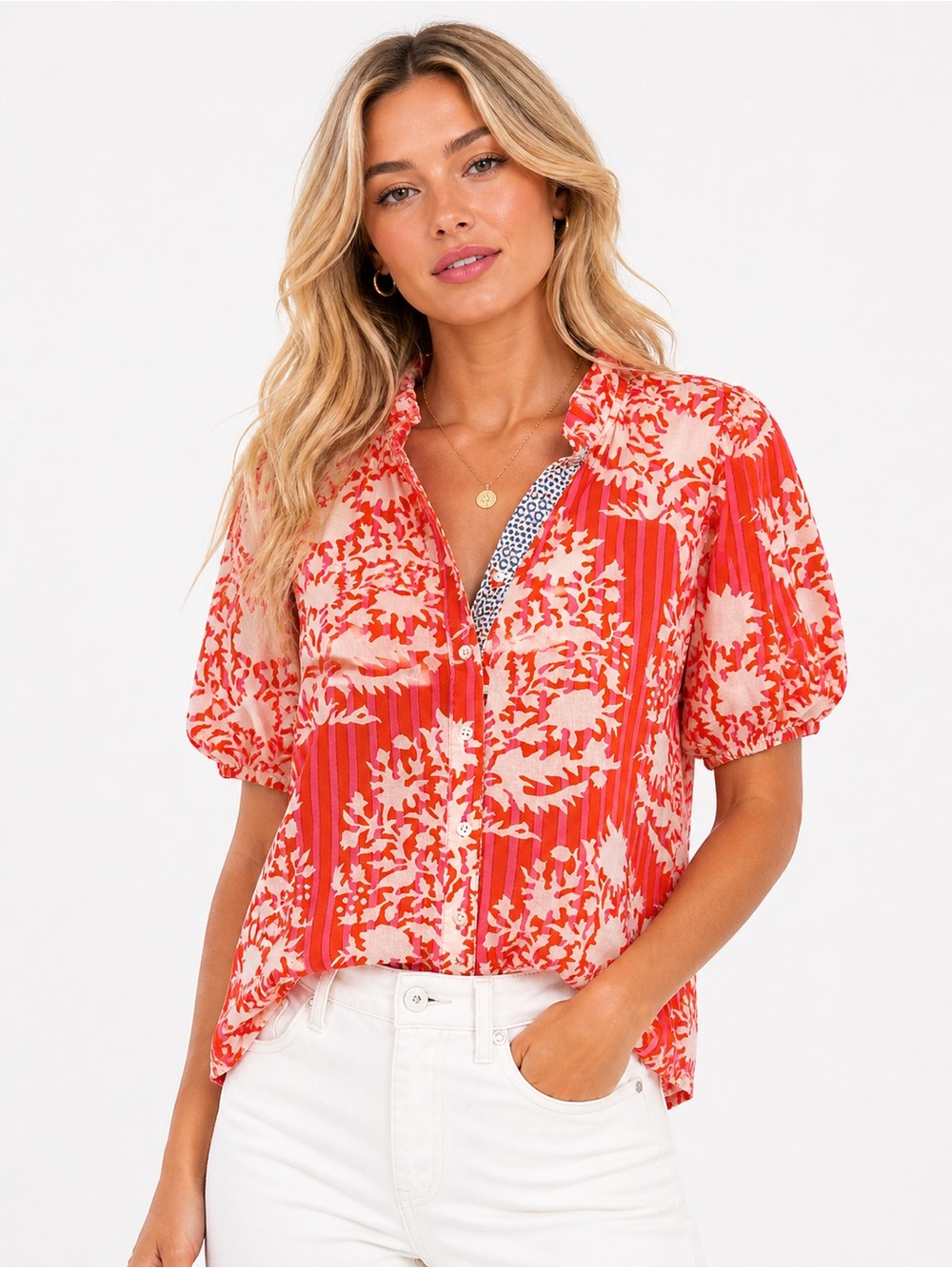 THML Size XS Oversized Floral Button-Front Puff Sleeve Top in Coral Pink